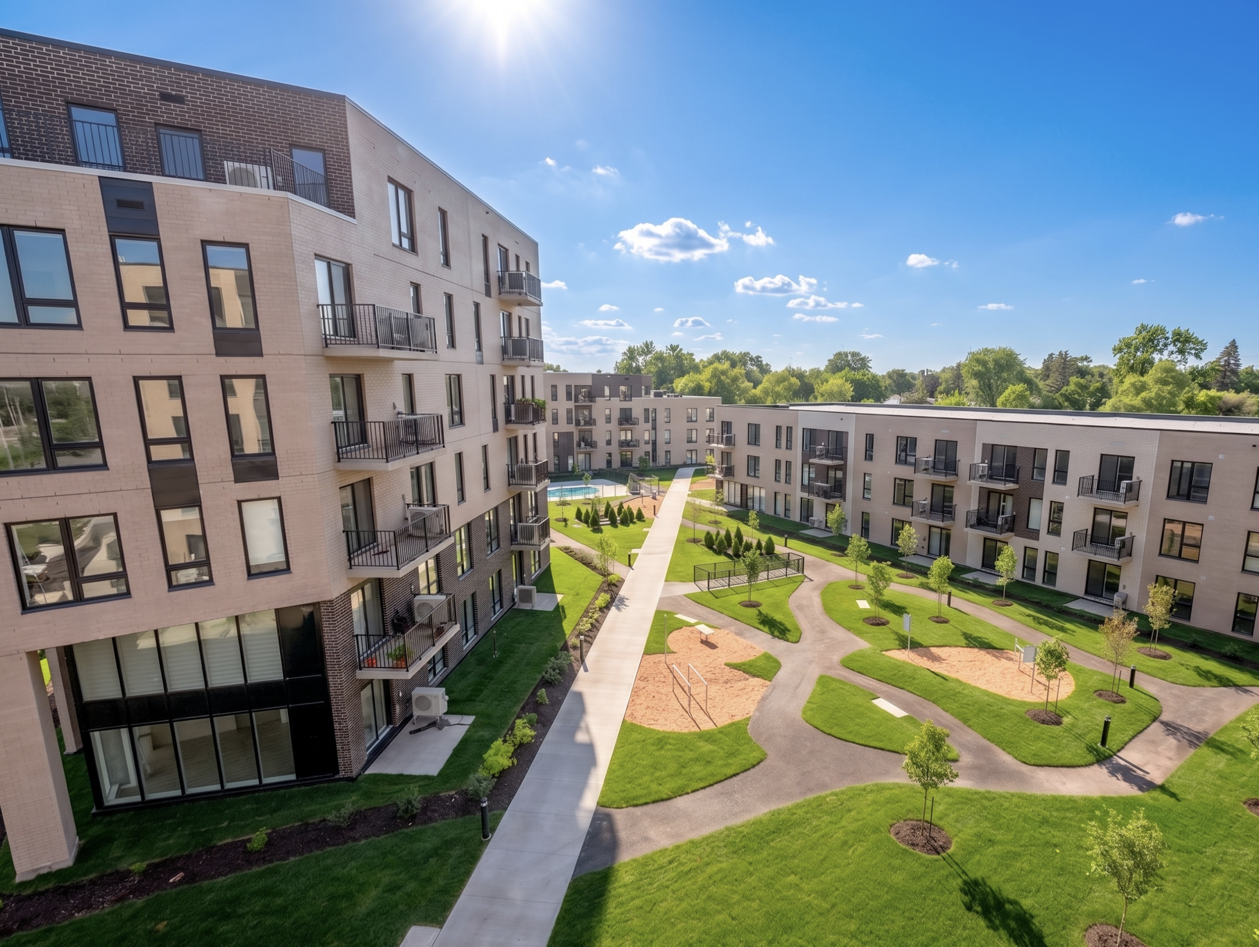 The exterior Courtyard at Solaia Condos in Dollard-des-Ormeaux